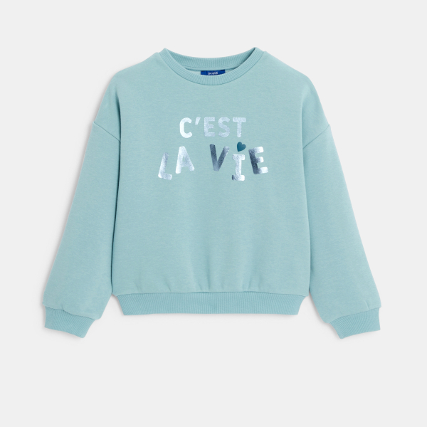 سويت شيرت مزين بطبعة رسالة ميتاليك باللون الأزرق للفتيات